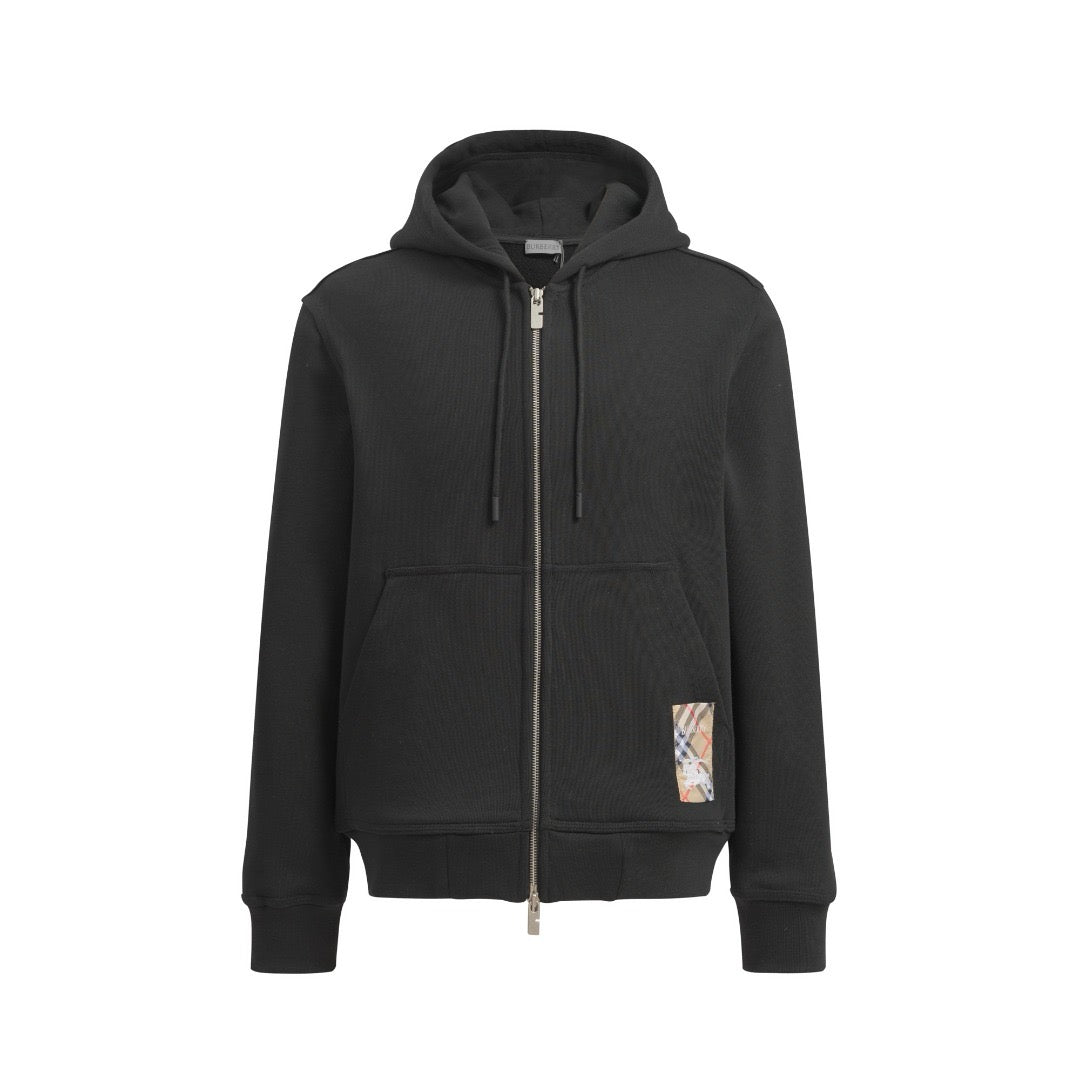 Black Cotton Check Patch Zip-Through - Men's