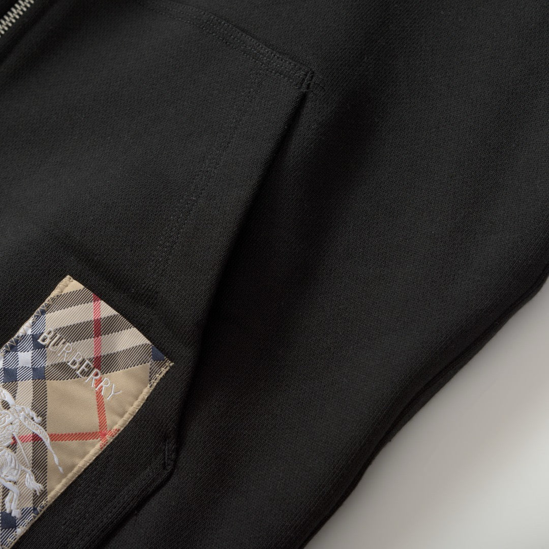 Black Cotton Check Patch Zip-Through - Men's