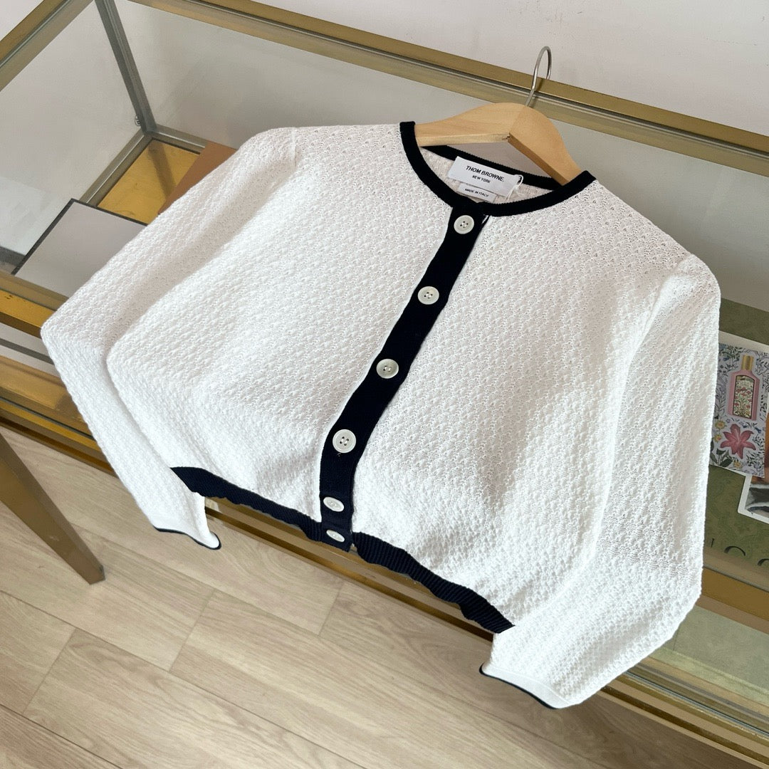 White Tweed Contrast Trim Cardigan - Women's