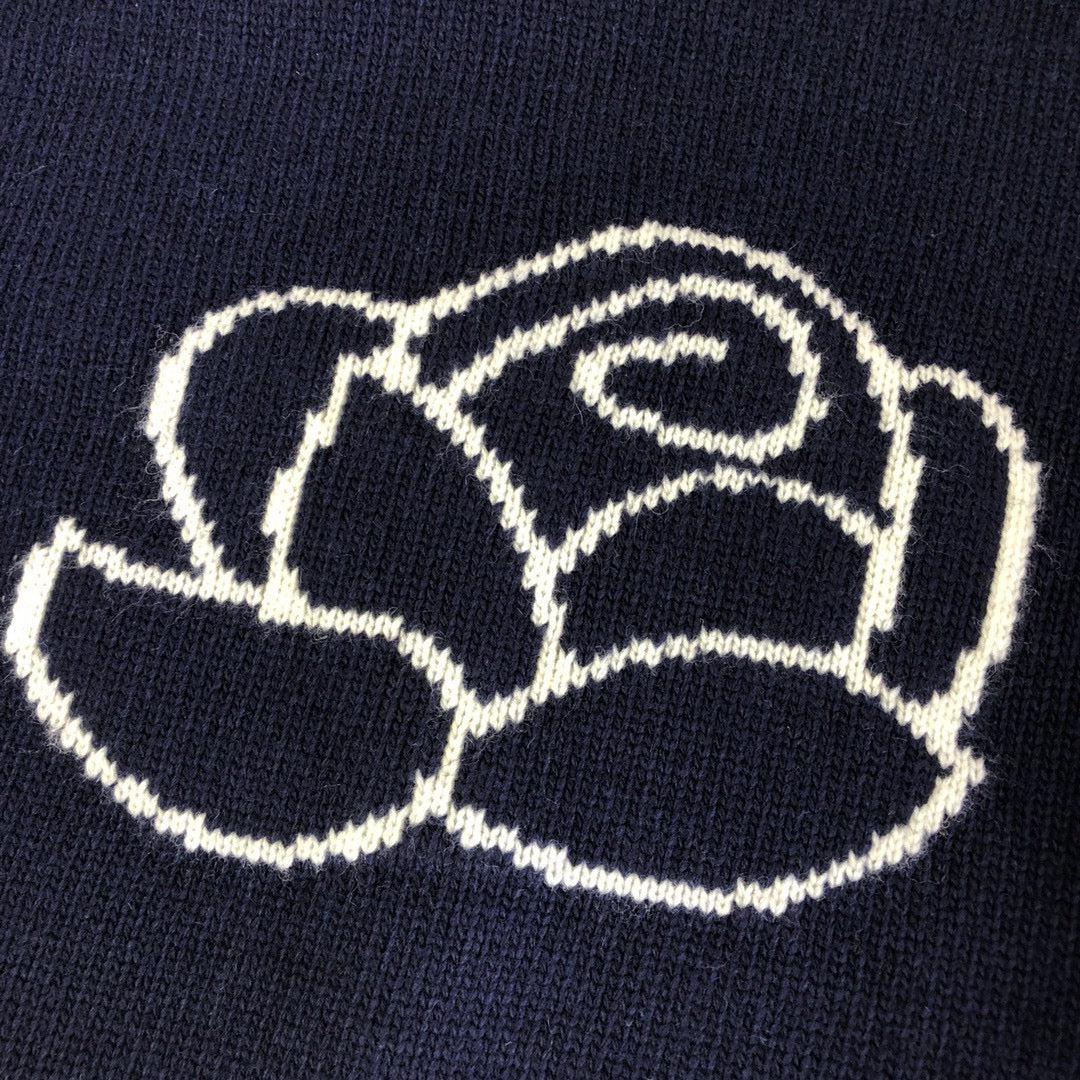 Navy Wool Floral Intarsia Crewneck - Women's