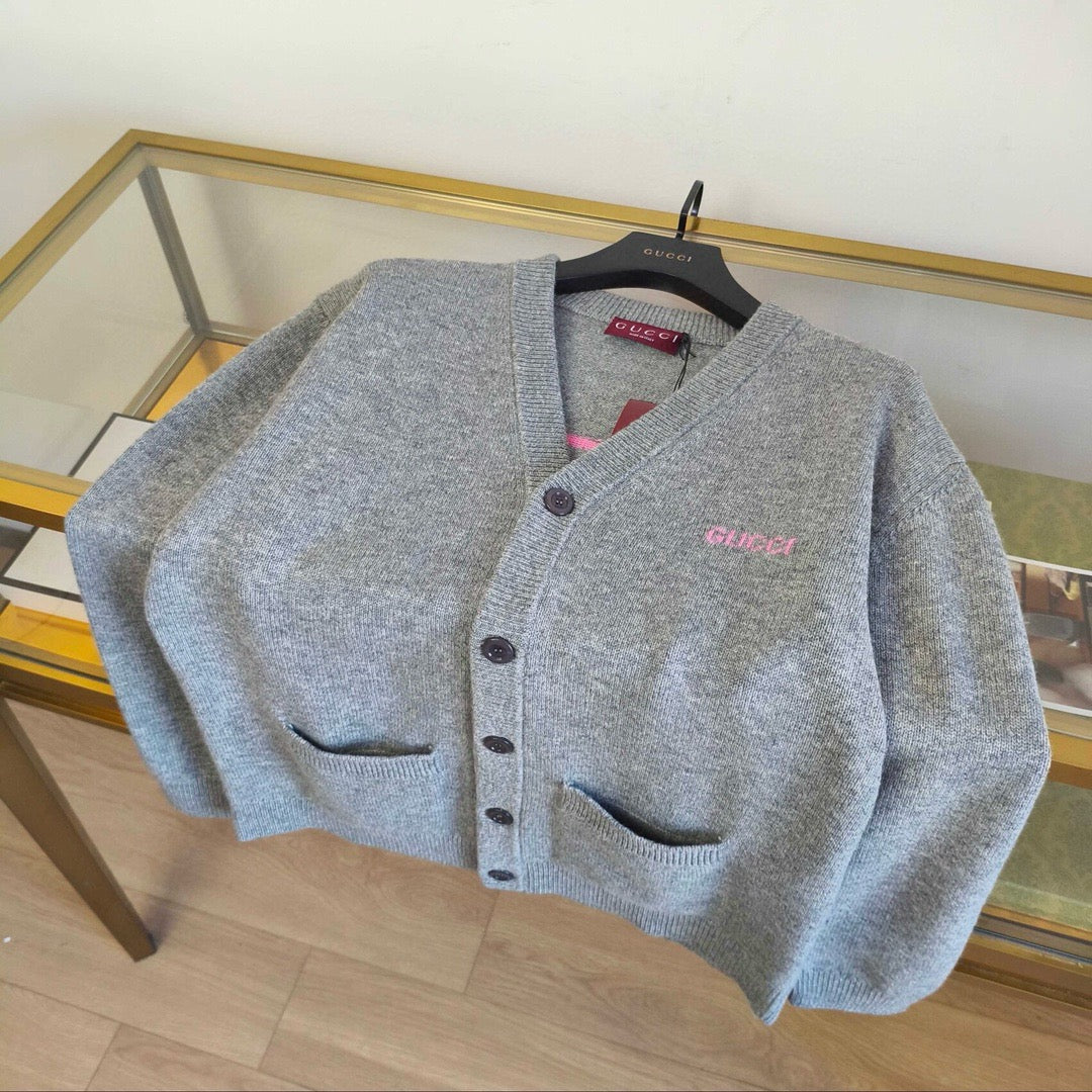Grey Wool Script Logo Cardigan - Men's