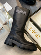 Black Leather Lug Sole Knee-High Boot - Women's