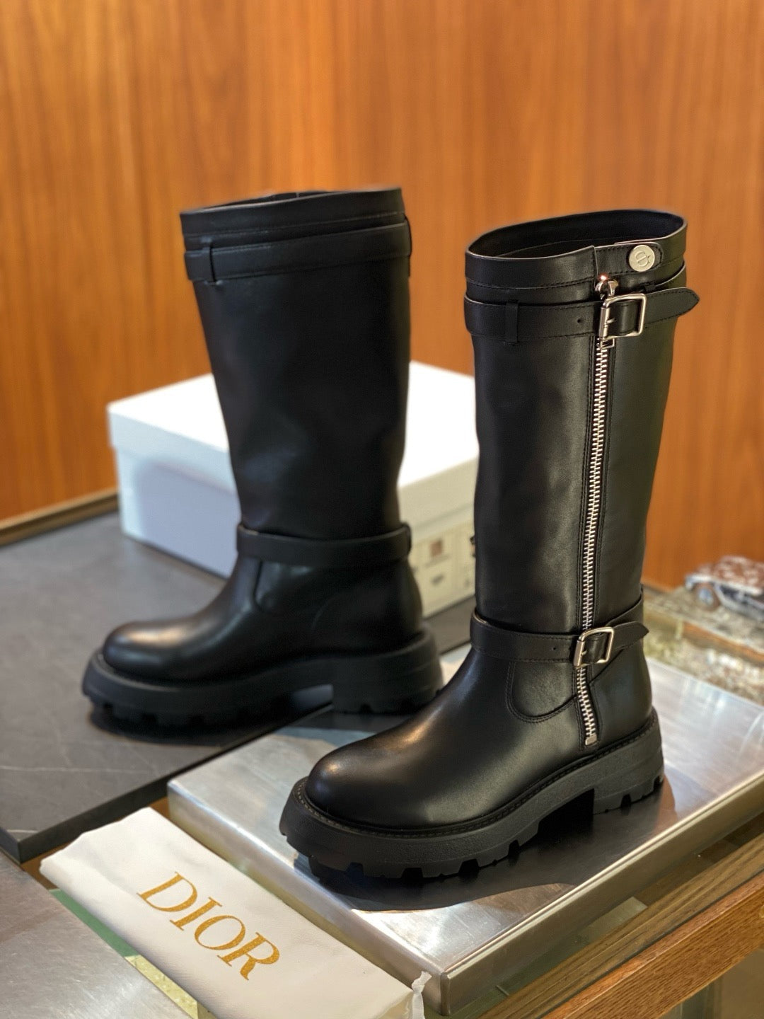 Black Leather Lug Sole Knee-High Boot - Women's