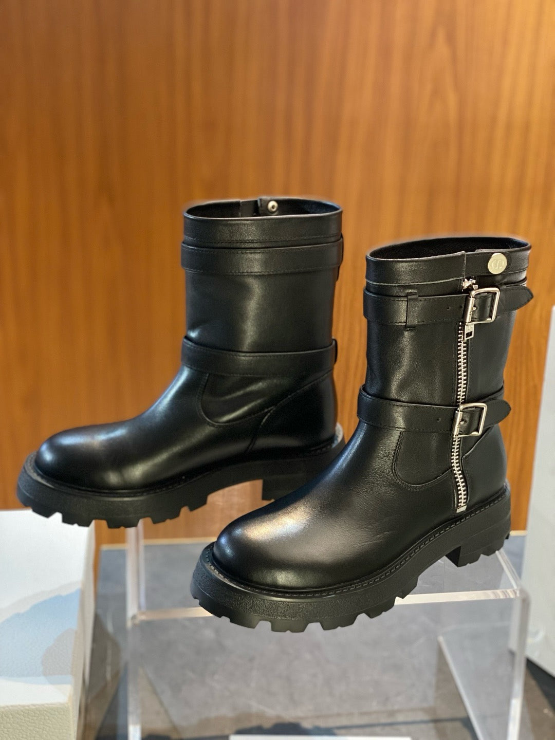 Black Leather Buckle Biker Boot - Women's