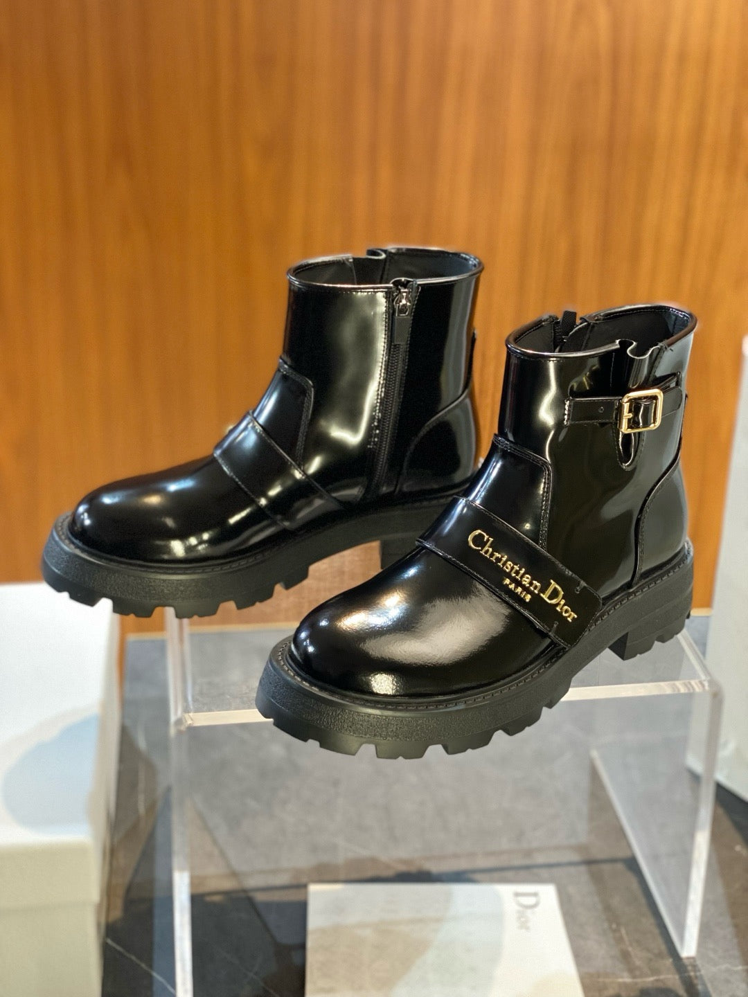 Black Leather Buckle Biker Boot - Women's
