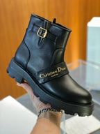 Black Leather Buckle Biker Boot - Women's