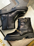 Black Leather Buckle Biker Boot - Women's