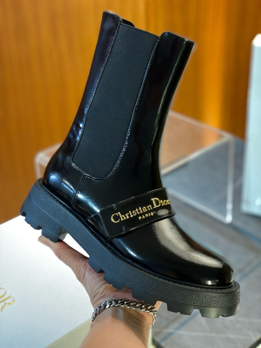 Black Patent Lug Sole Chelsea Boot - Women's