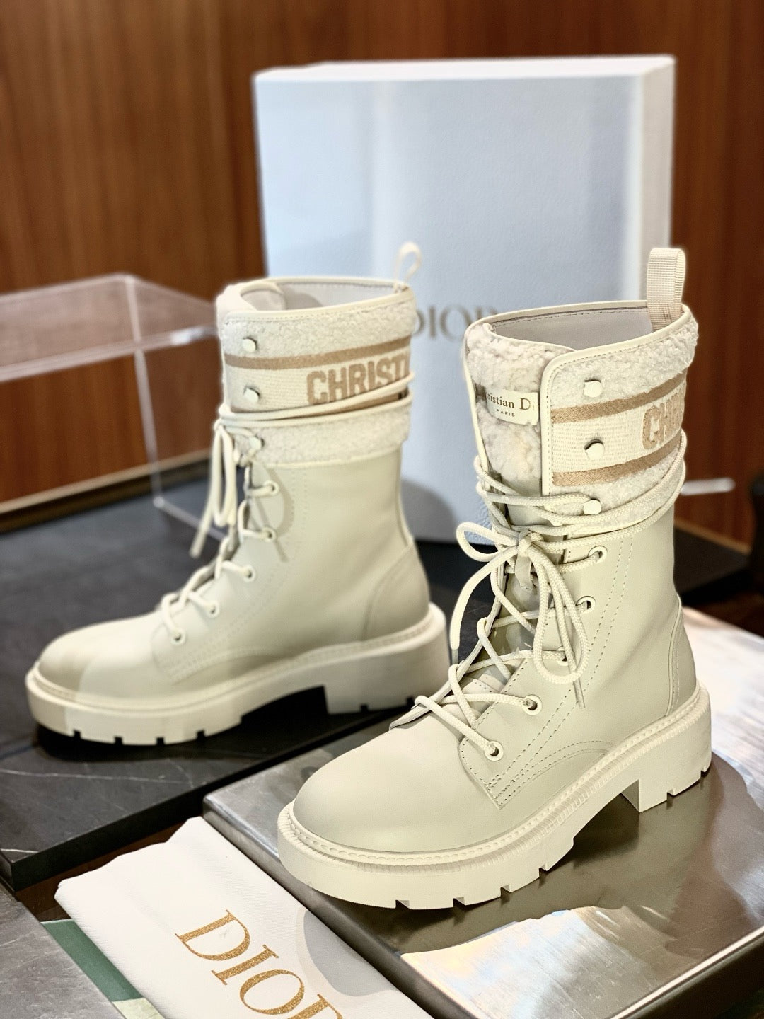 Black Leather Logo Strap Combat Boot - Women's