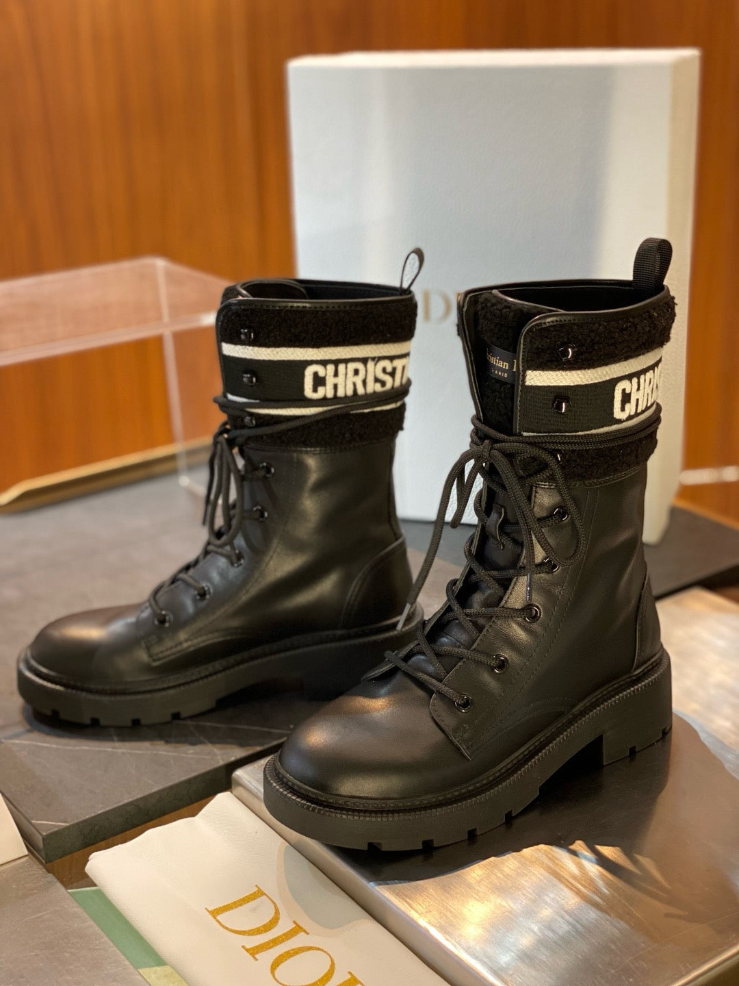 Black Leather Logo Strap Combat Boot - Women's