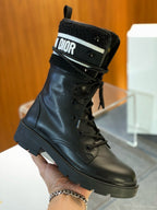 Black Leather Logo Strap Combat Boot - Women's