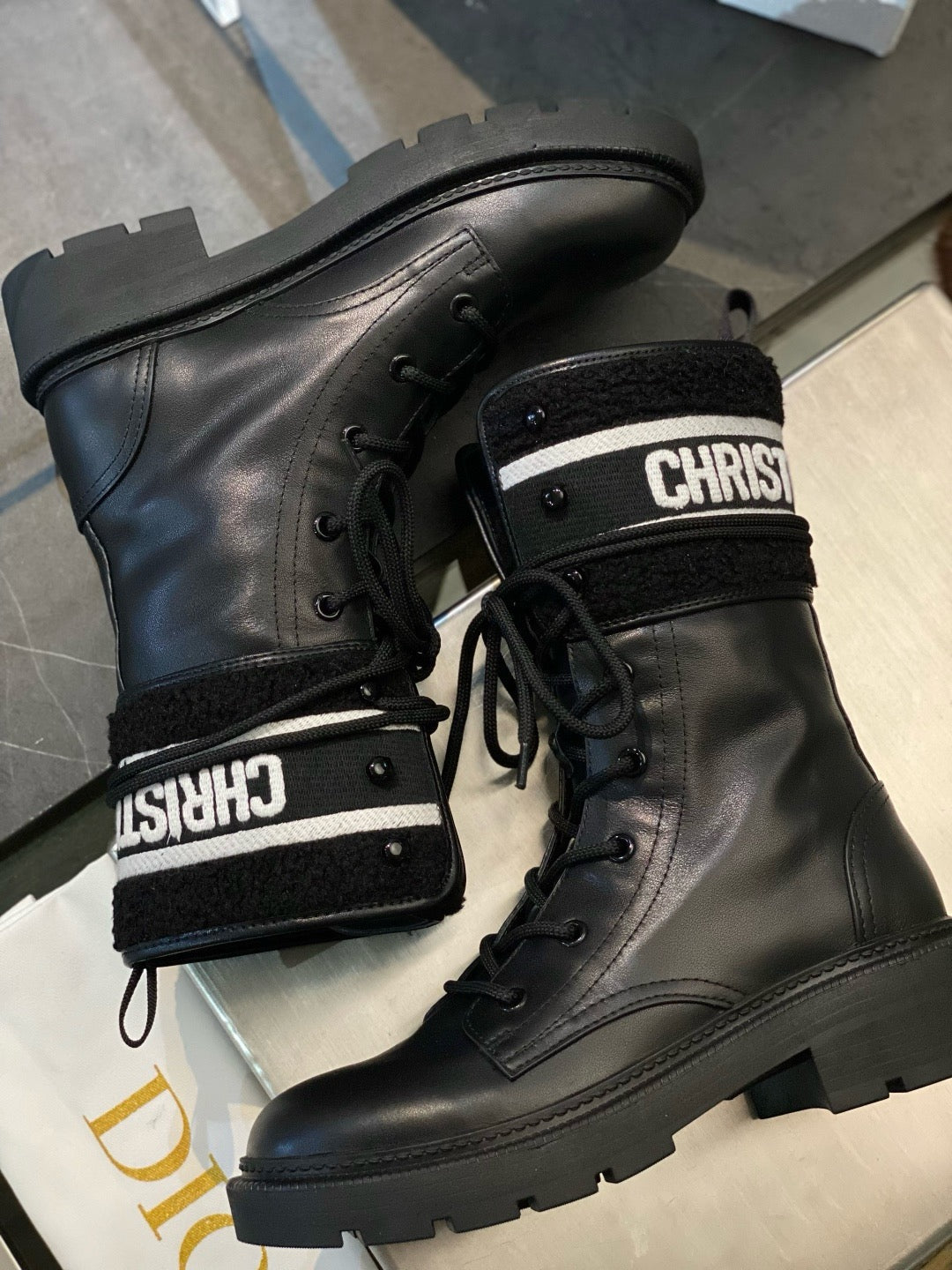 Black Leather Logo Strap Combat Boot - Women's