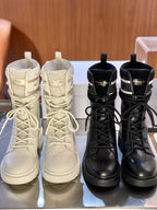Black Leather Logo Strap Combat Boot - Women's