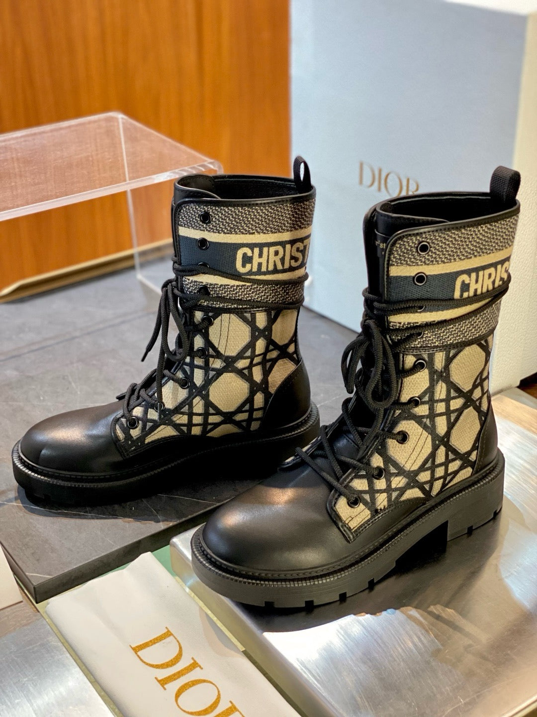 Beige Canvas Monogram Combat Boot - Women's