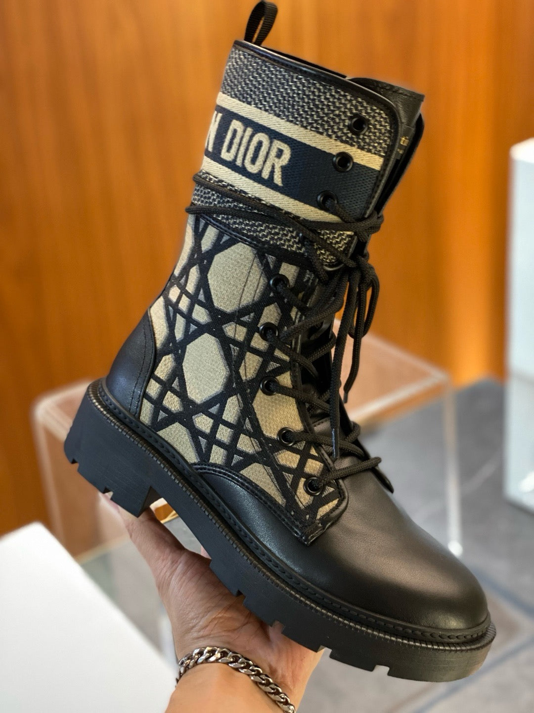 Beige Canvas Monogram Combat Boot - Women's
