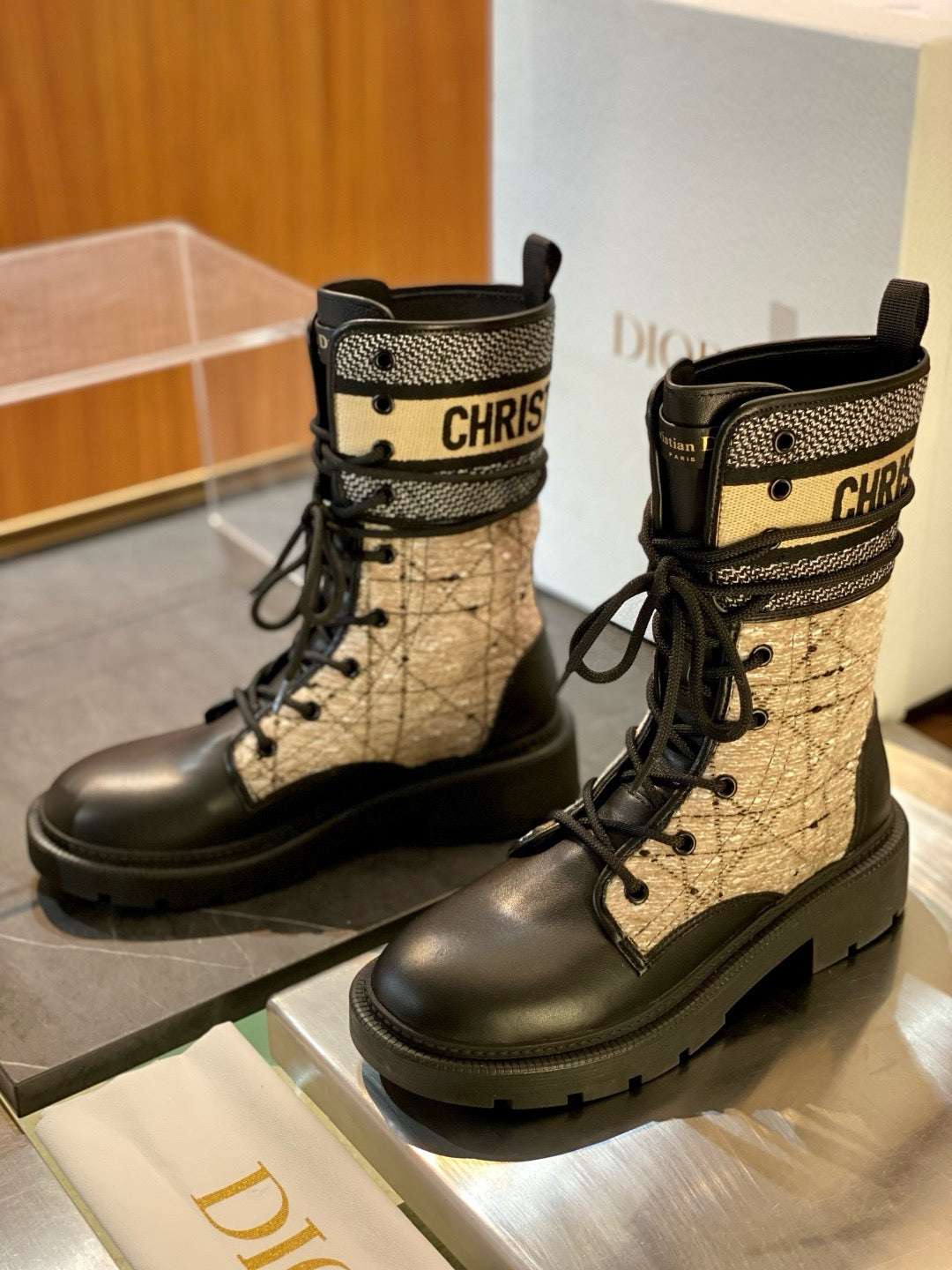 Beige Canvas Monogram Combat Boot - Women's