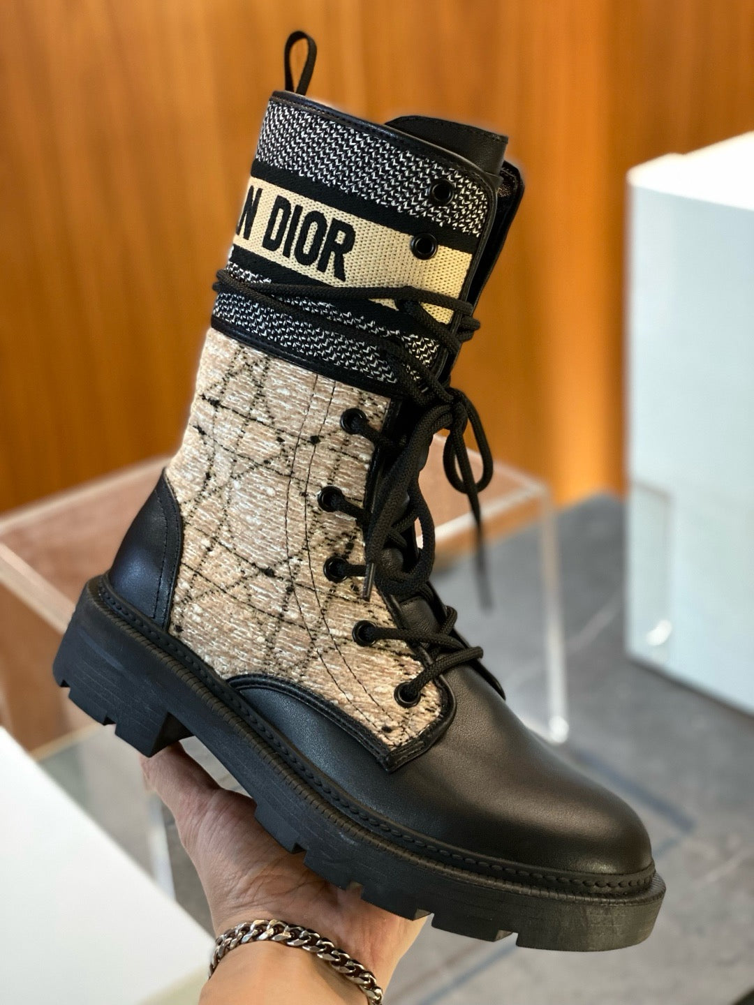 Beige Canvas Monogram Combat Boot - Women's