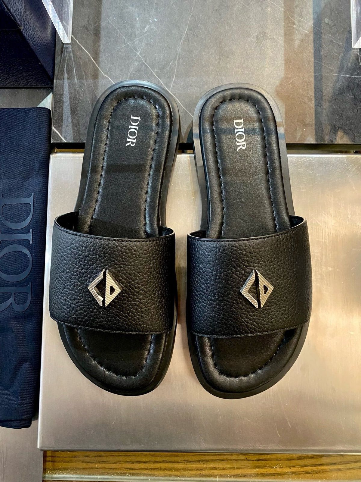 Black Leather Logo Double Strap - Men's