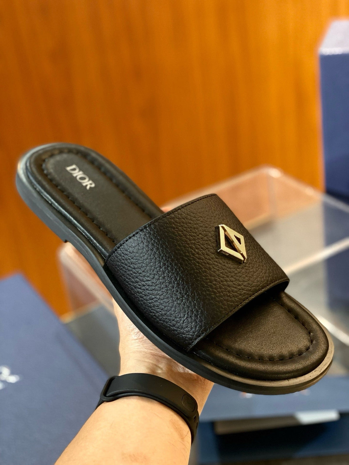 Black Leather Logo Double Strap - Men's