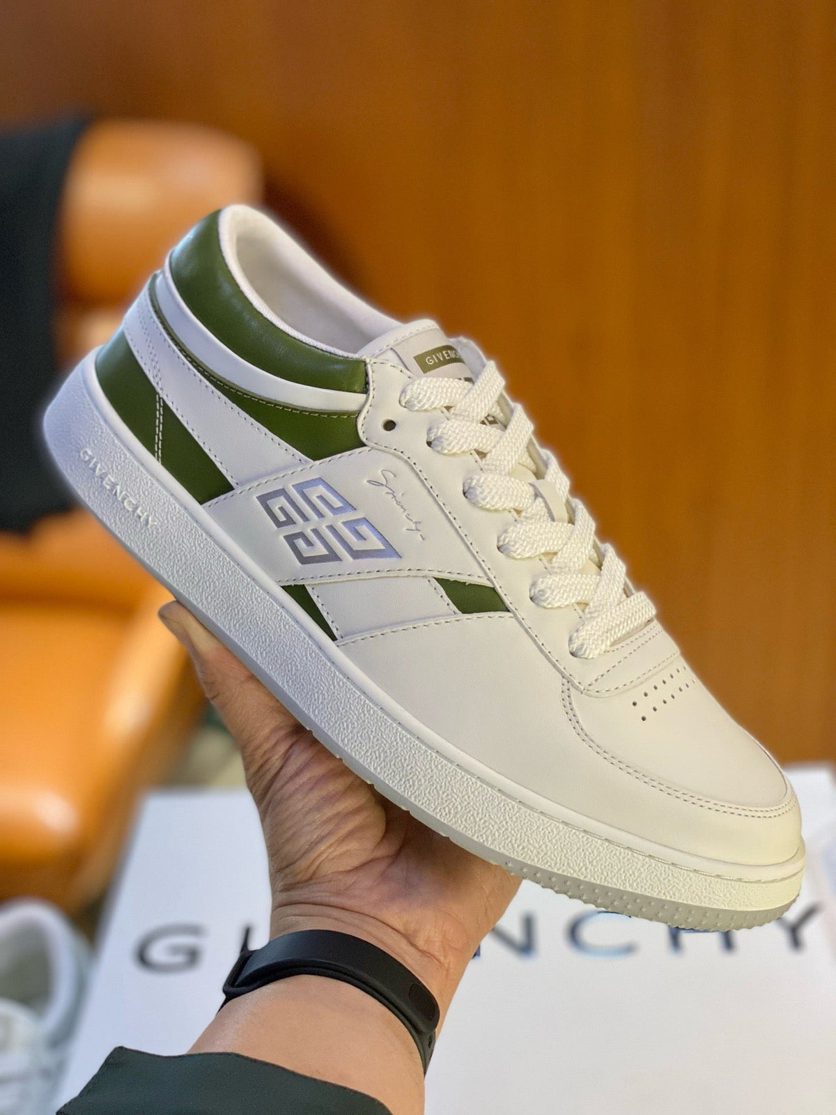 Cream Leather Colourblock Low-Top - Men's