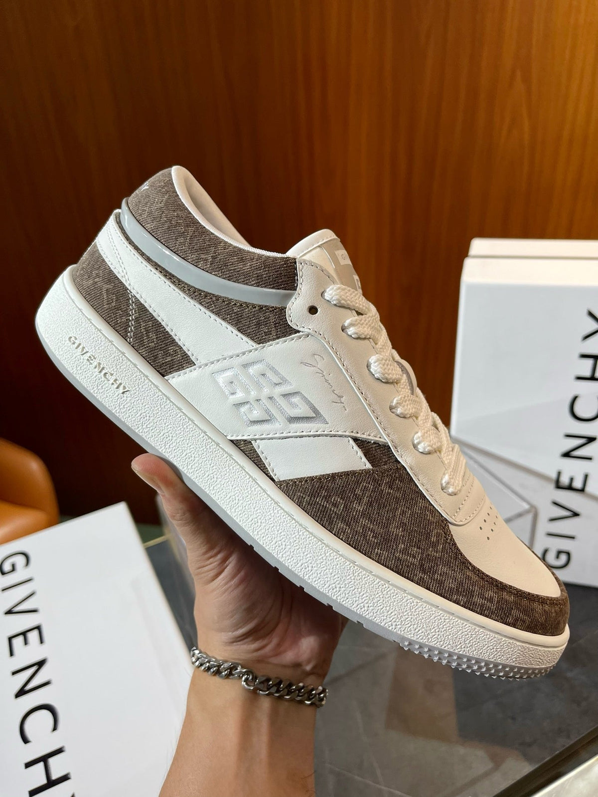 Cream Leather Panelled Low-Top - Men's