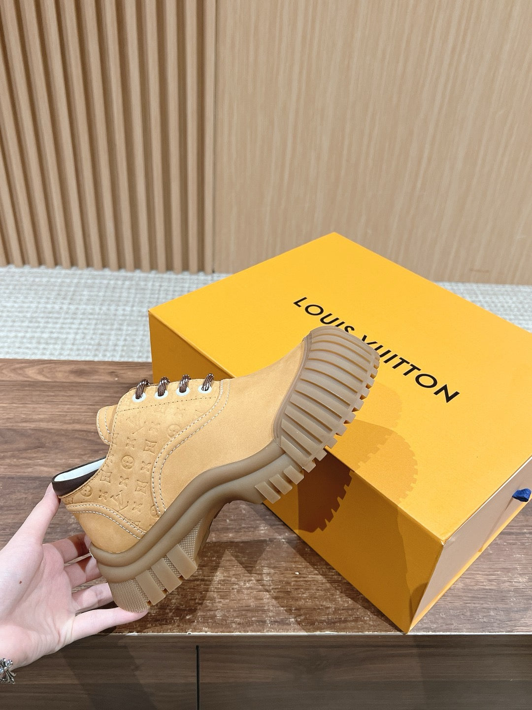 Beige Leather Lug Sole Ankle Boot - Women's