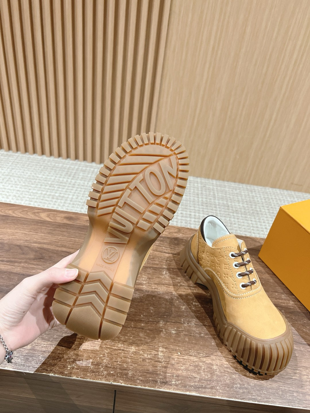 Beige Leather Lug Sole Ankle Boot - Women's