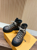 Black Leather Lug Sole Lace-Up Boot - Women's
