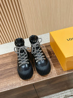 Black Leather Lug Sole Lace-Up Boot - Women's