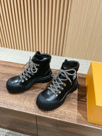 Black Leather Lug Sole Lace-Up Boot - Women's
