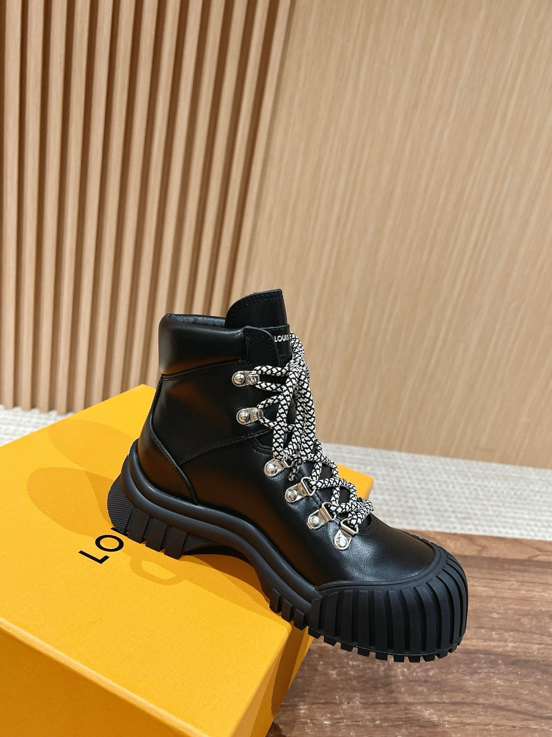 Black Leather Lug Sole Lace-Up Boot - Women's