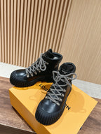 Black Leather Lug Sole Lace-Up Boot - Women's