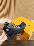 Black Leather Lug Sole Lace-Up Boot - Women's