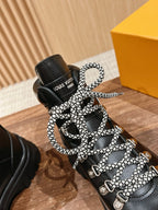 Black Leather Lug Sole Lace-Up Boot - Women's