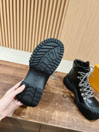 Black Leather Lug Sole Lace-Up Boot - Women's