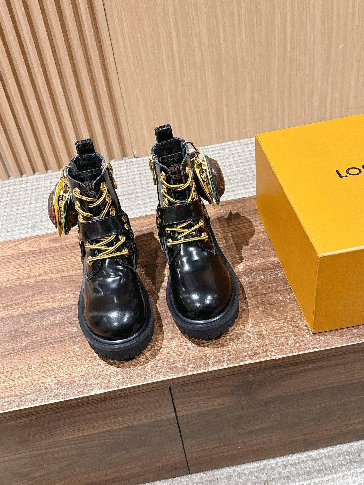 Black Leather Gold Hardware Ankle Boot - Women's