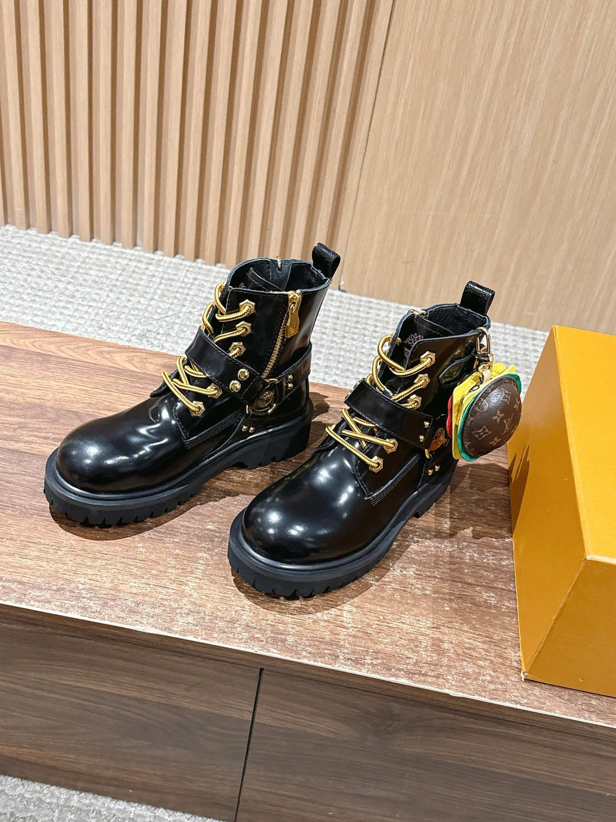 Black Leather Gold Hardware Ankle Boot - Women's