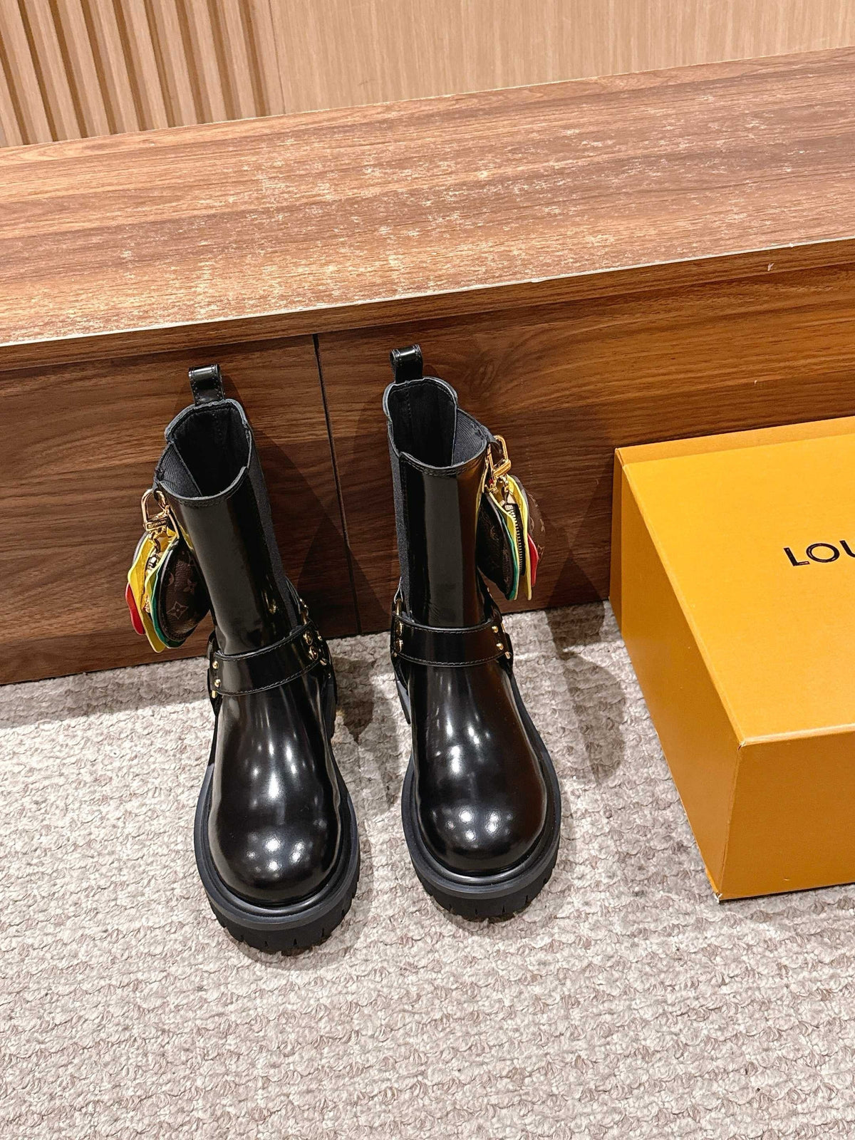Black Leather Charm Combat Boot - Women's