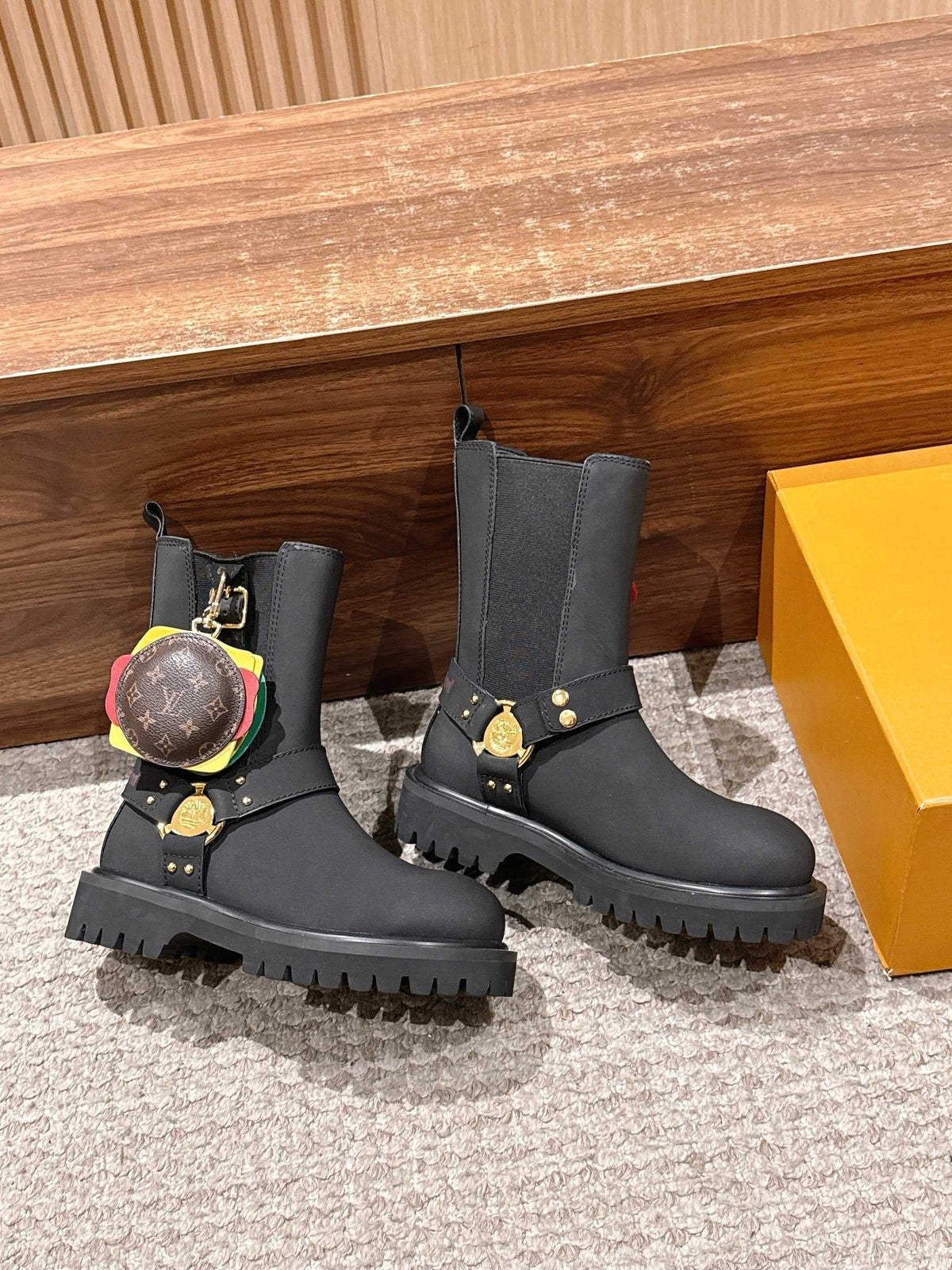 Black Leather Charm Combat Boot - Women's