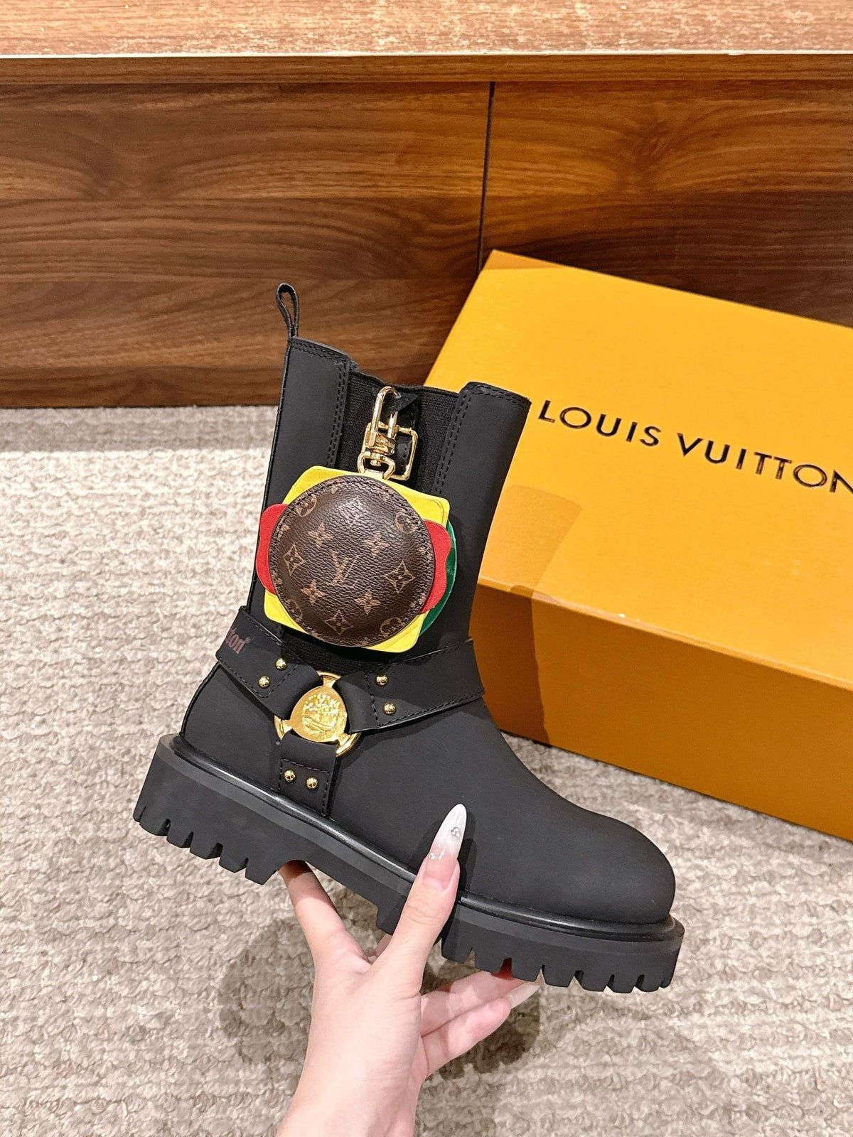 Black Leather Charm Combat Boot - Women's