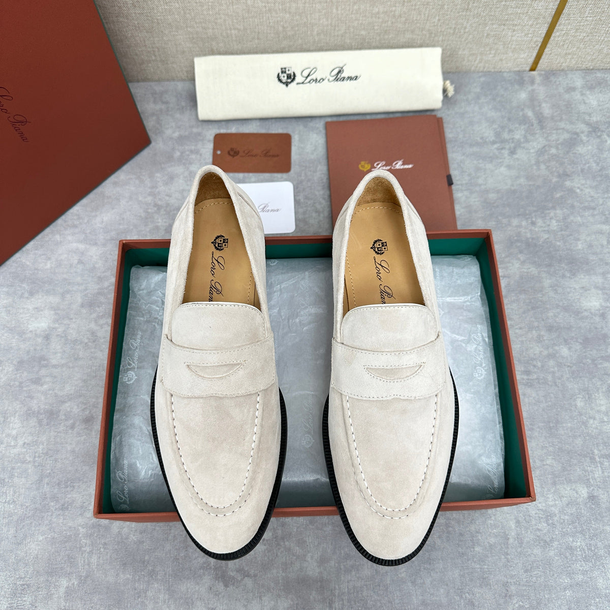 Cream Suede Contrast Sole Penny Loafer - Men's