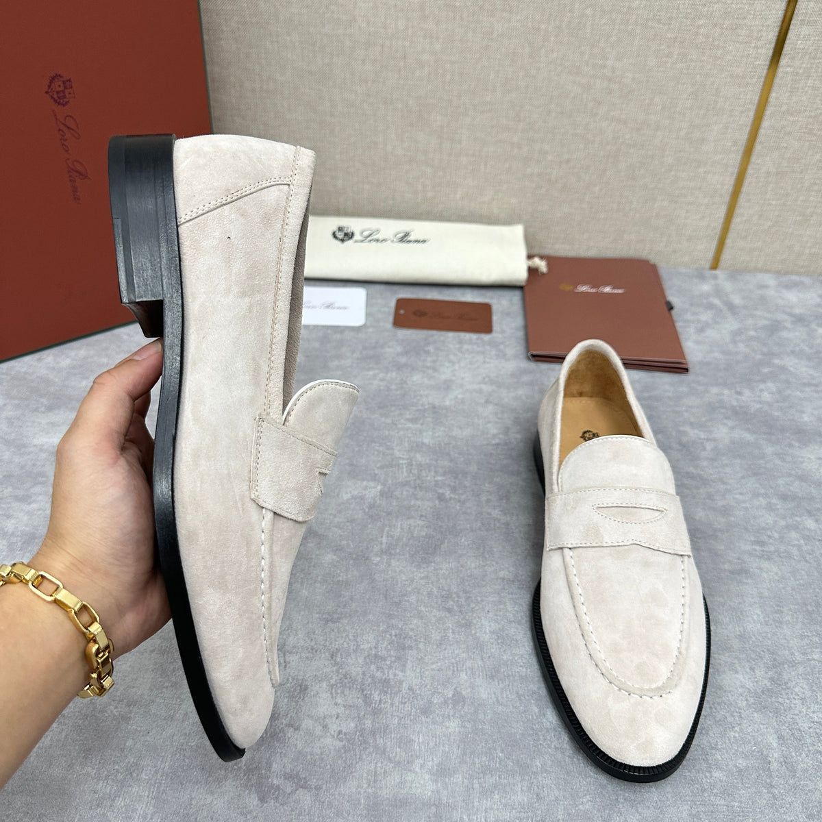 Cream Suede Contrast Sole Penny Loafer - Men's