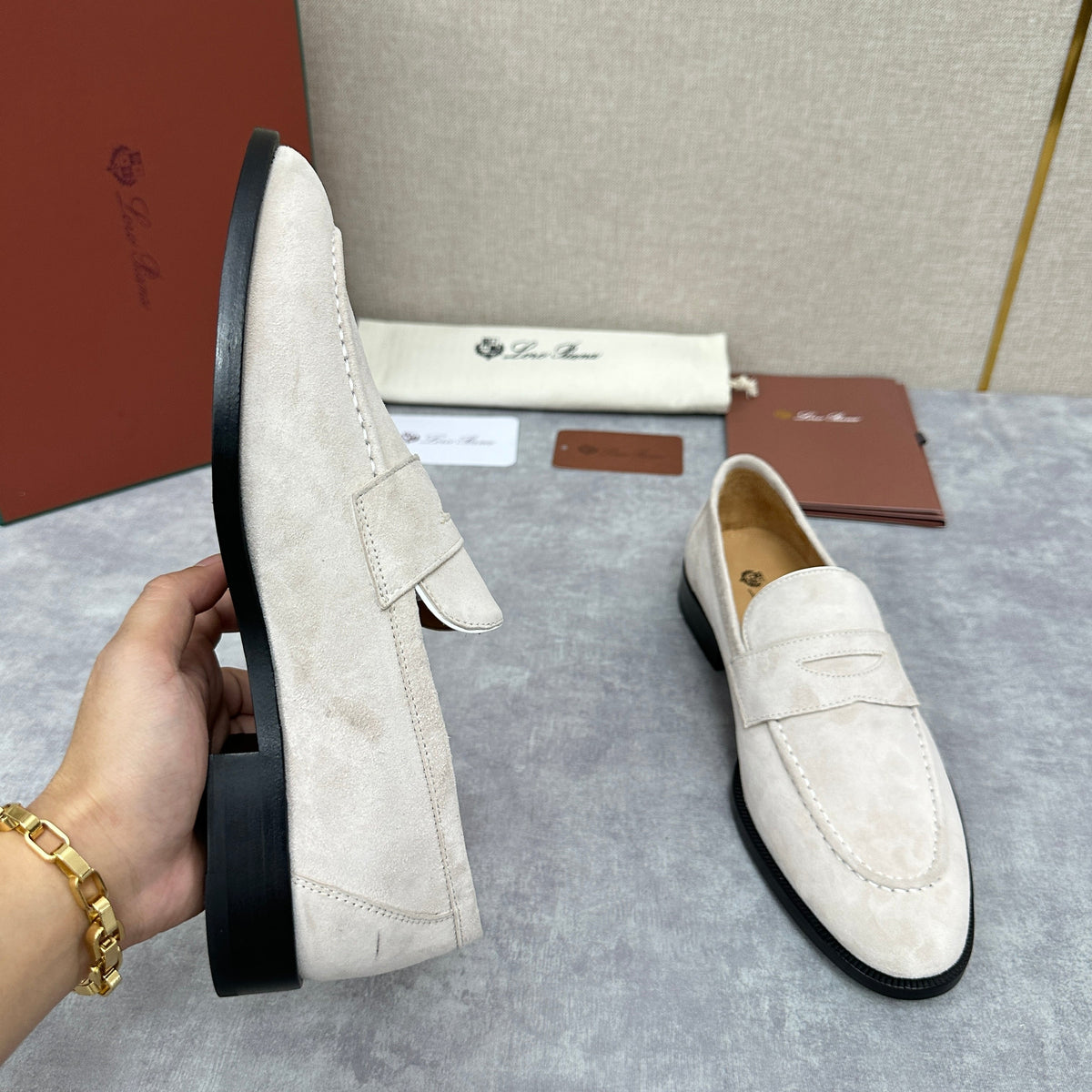 Cream Suede Contrast Sole Penny Loafer - Men's