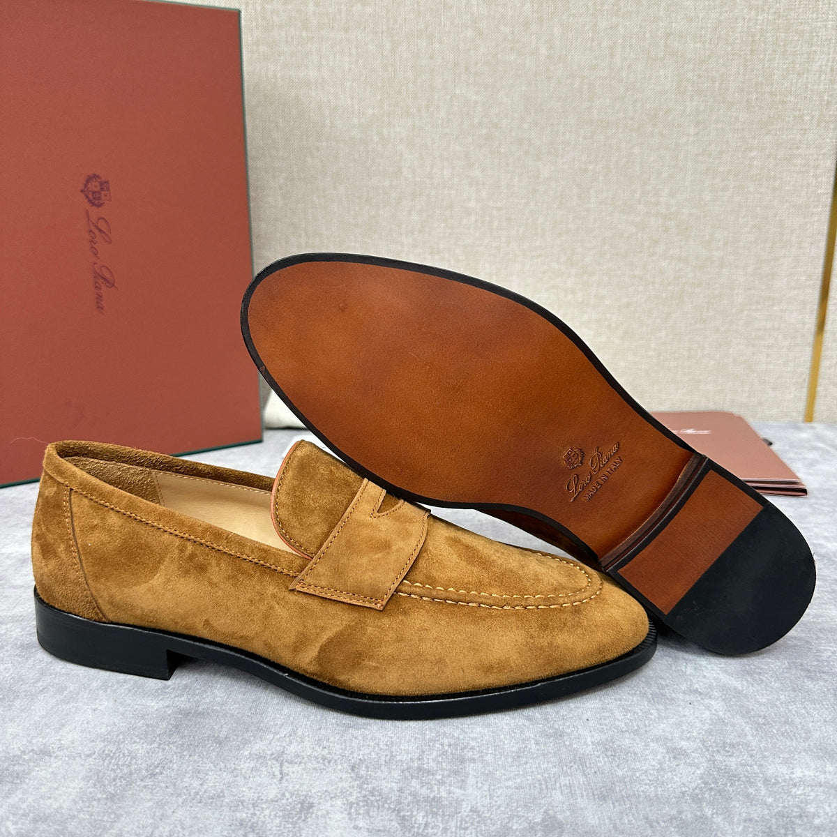 Cream Suede Contrast Sole Penny Loafer - Men's