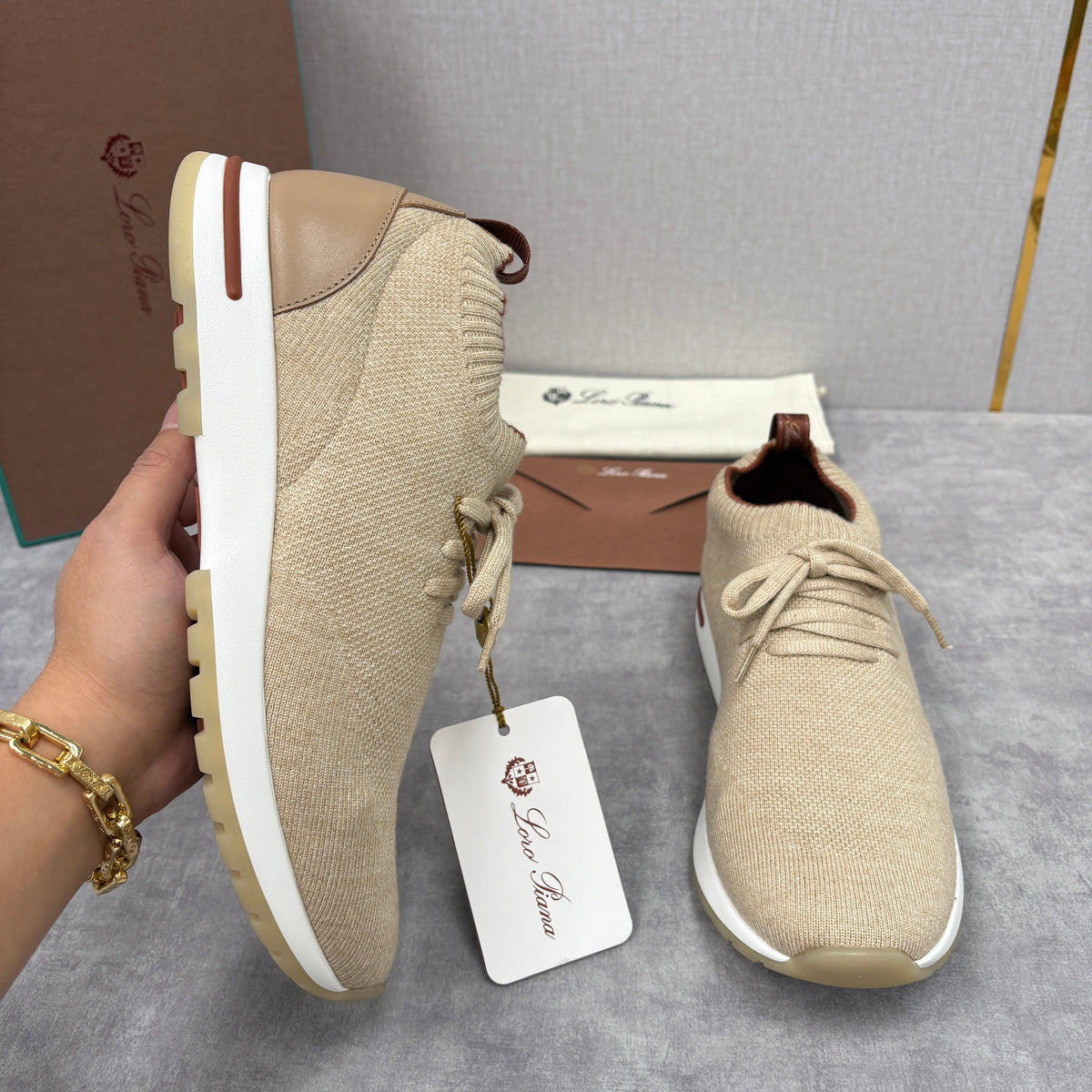 Cream Knit Panelled Runner - Men's