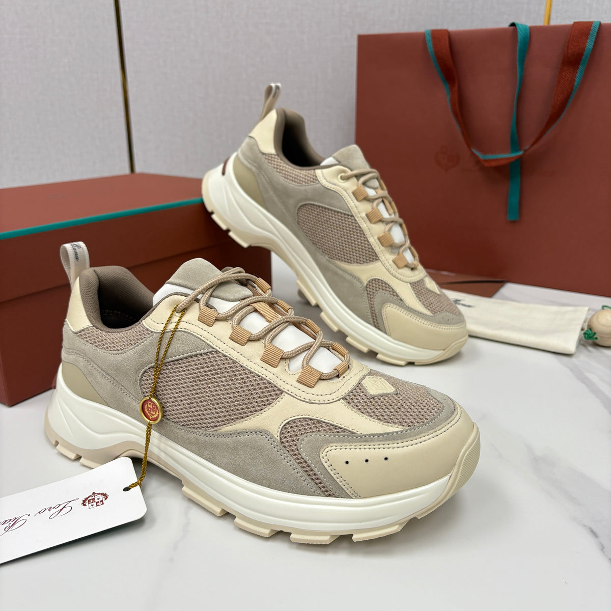 Cream Mesh Panelled Chunky - Men's