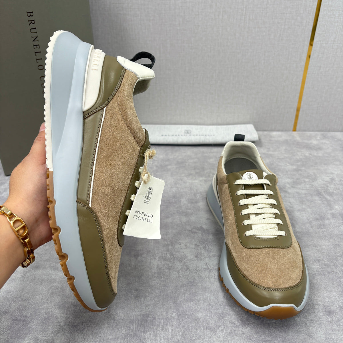 Olive Suede Panelled Runner - Men's