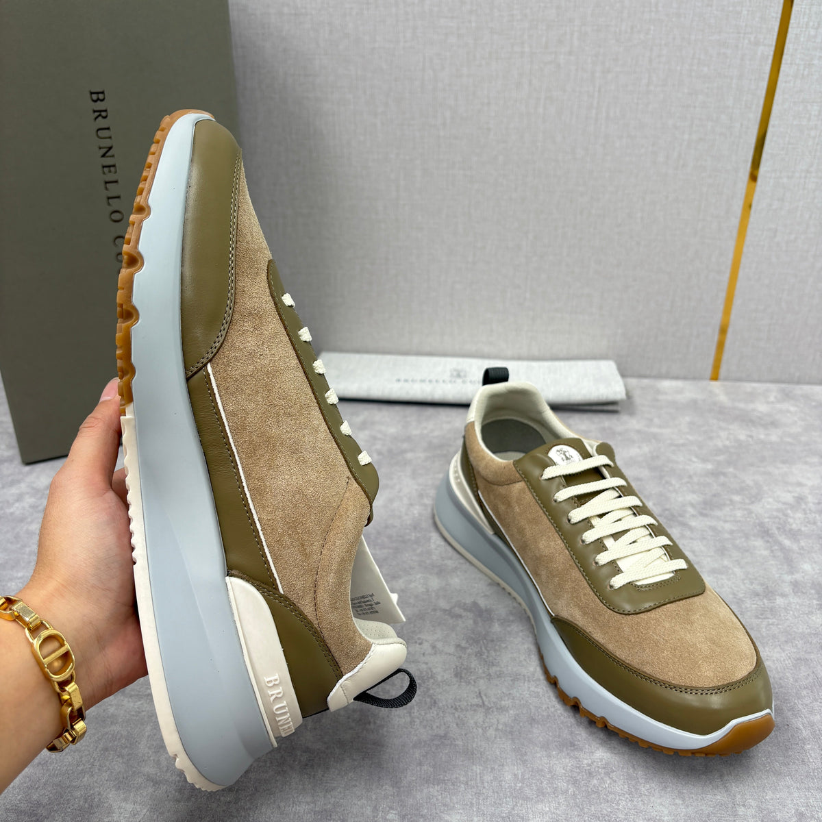 Olive Suede Panelled Runner - Men's