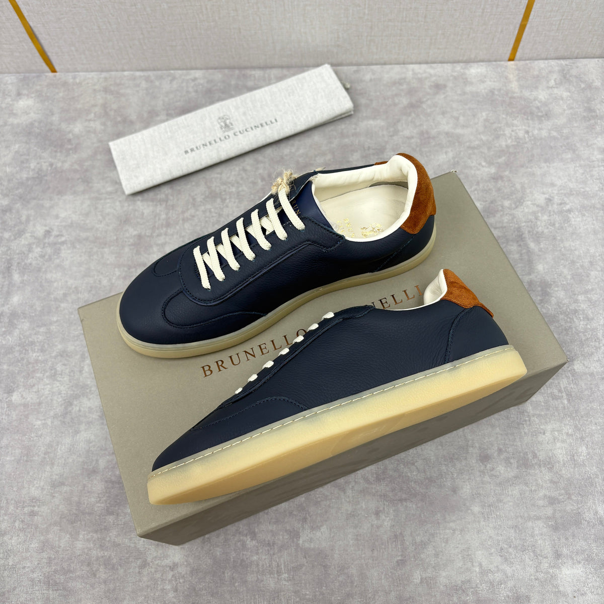 Navy Suede Low-Top with Tan Heel - Men's