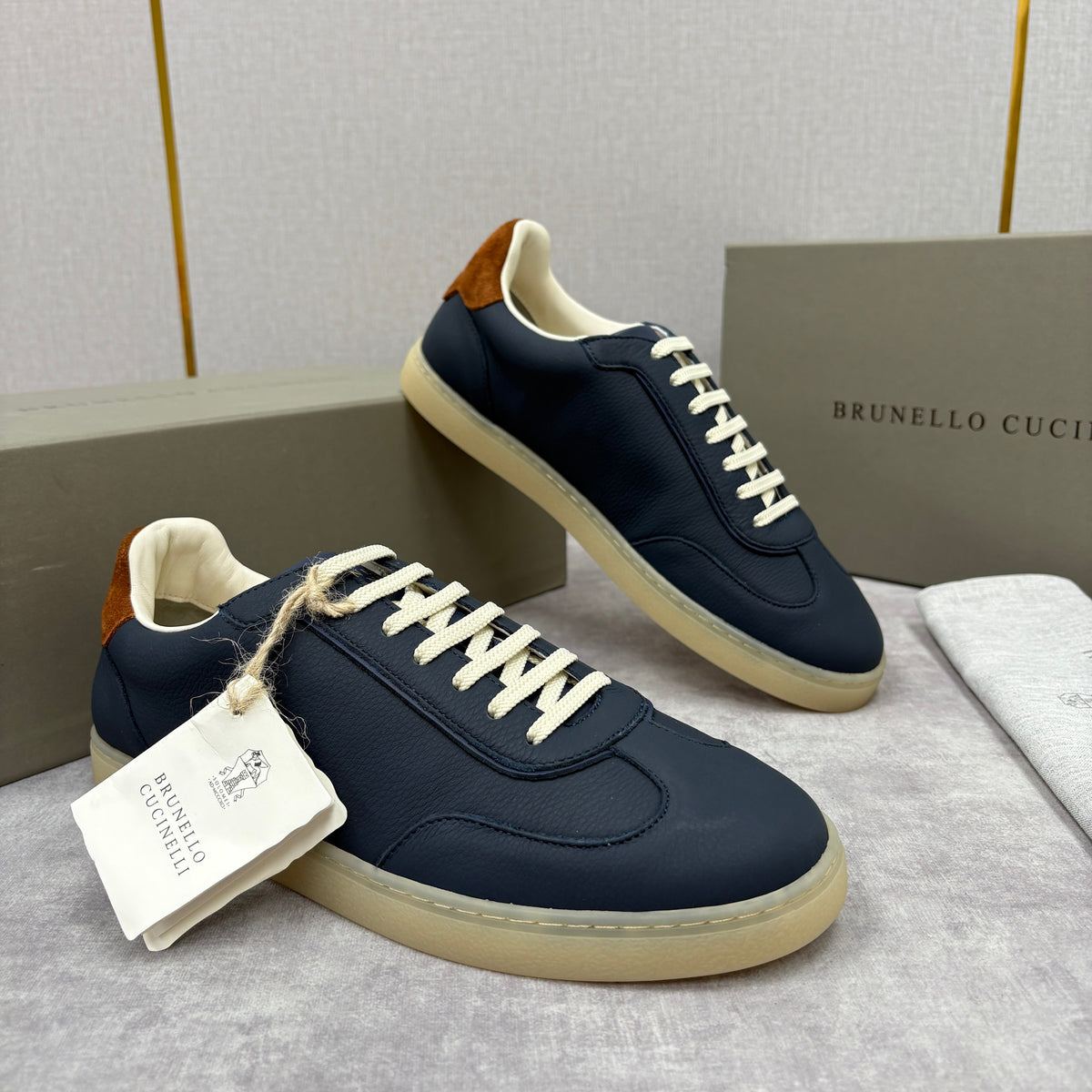 Navy Suede Low-Top with Tan Heel - Men's